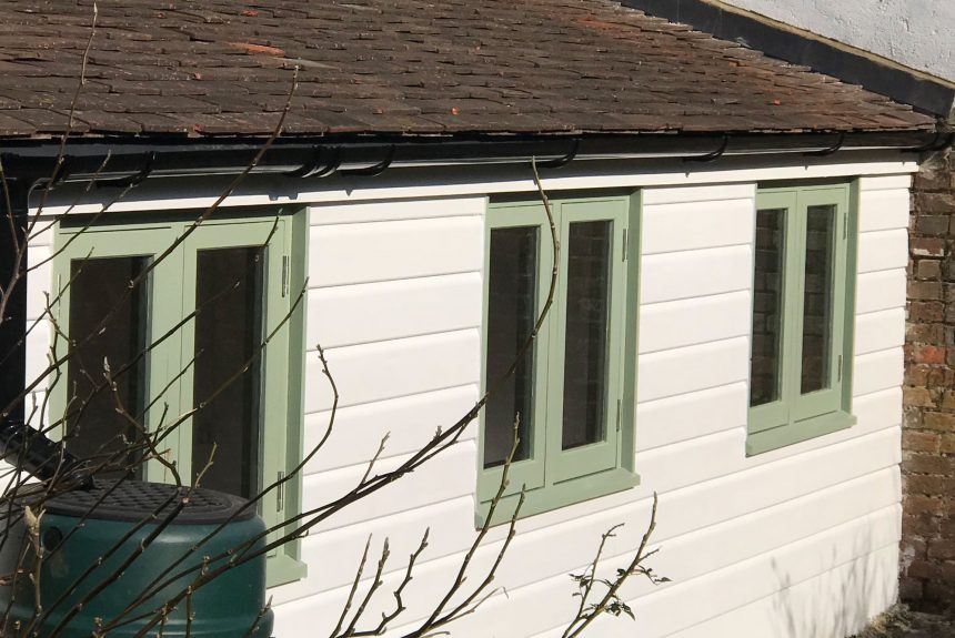 Side view of the completed outhouse